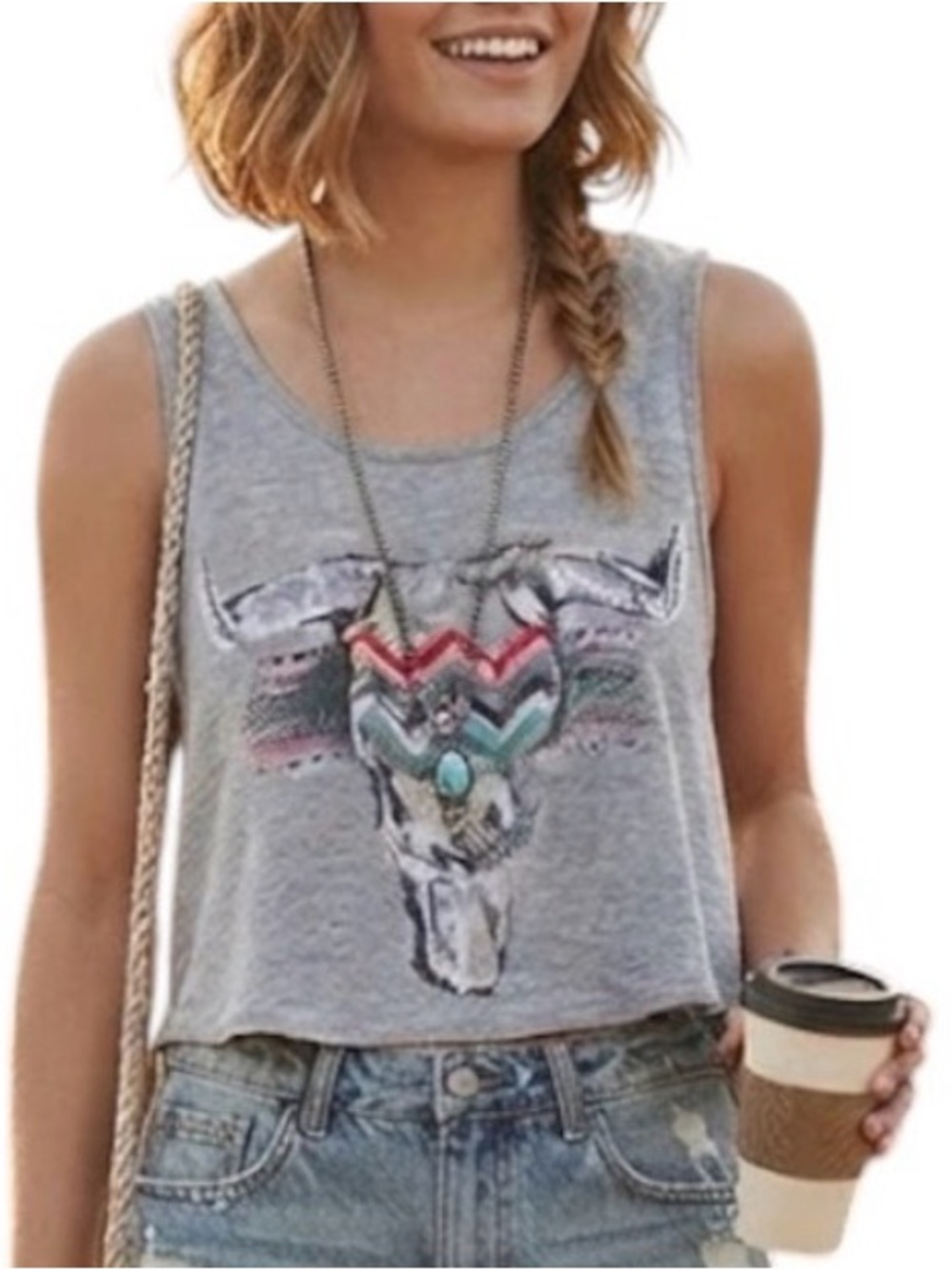 ARDENE Bohemian Festival Y2K Goat Skull Graphic Ruffle Bow Back Tank Top Grey M
